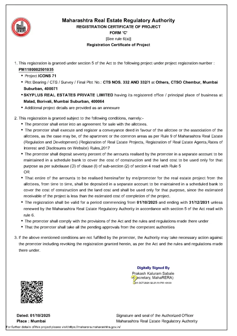 rera certificate JP Icons71